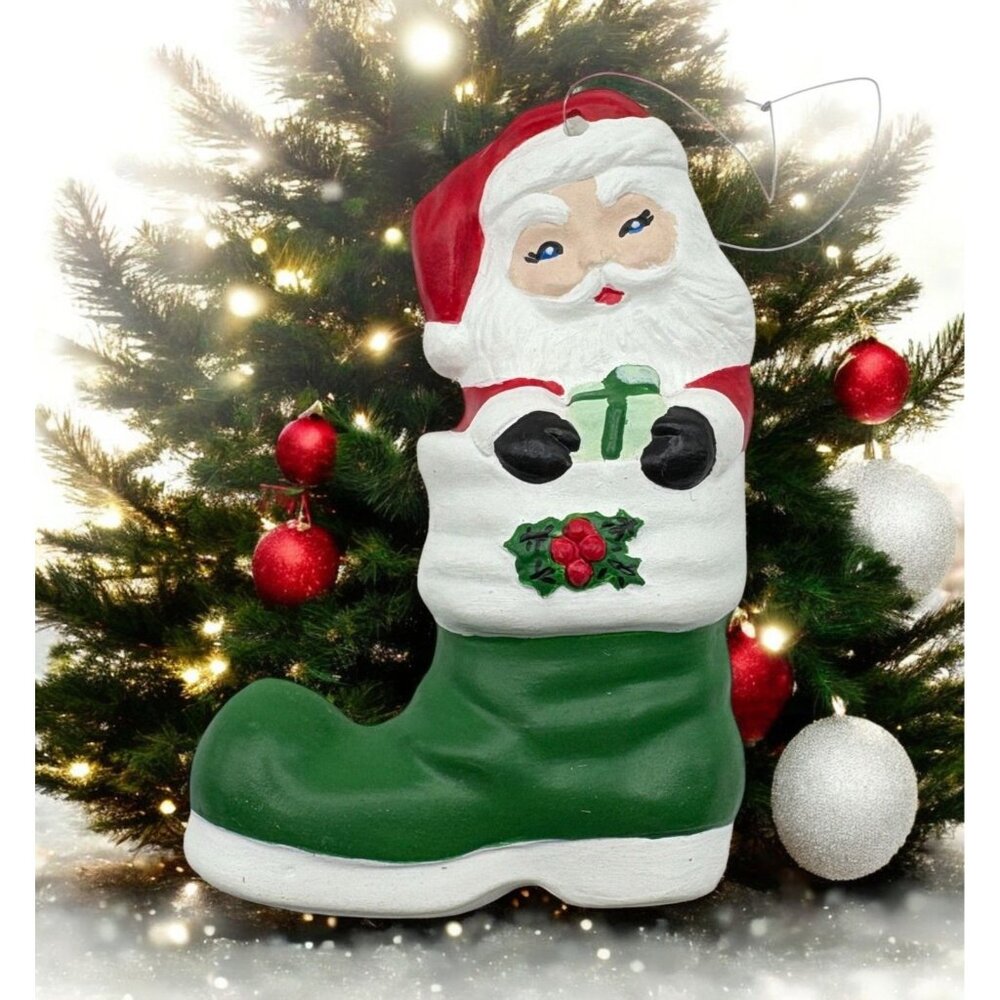 Vintage Santa Claus Boot Christmas Tree Ornament Green Holly Accent Hand Painted